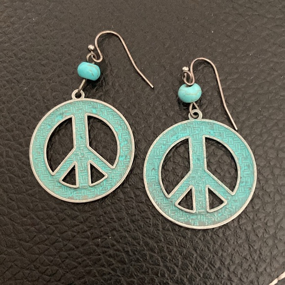 Peace Love Sign Symbol Round Antique Vintage Bronze Turquoise Colored Earrings - Picture 4 of 8